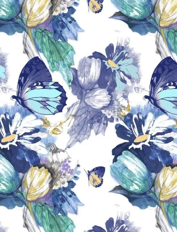 Watercolor floral pattern with blue and turquoise butterflies, white and navy flowers, and yellow accents on white background