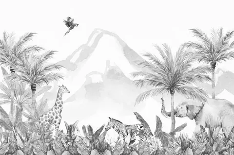 Pencil sketch of giraffes, zebras, and elephants among palm trees with flying birds and mountain backdrop.