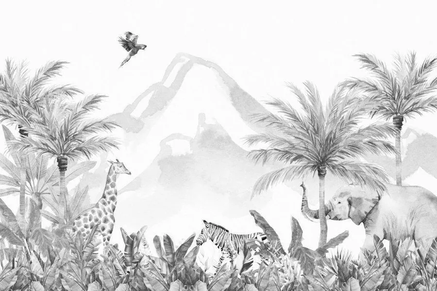 Pencil sketch of giraffes, zebras, and elephants among palm trees with flying birds and mountain backdrop.