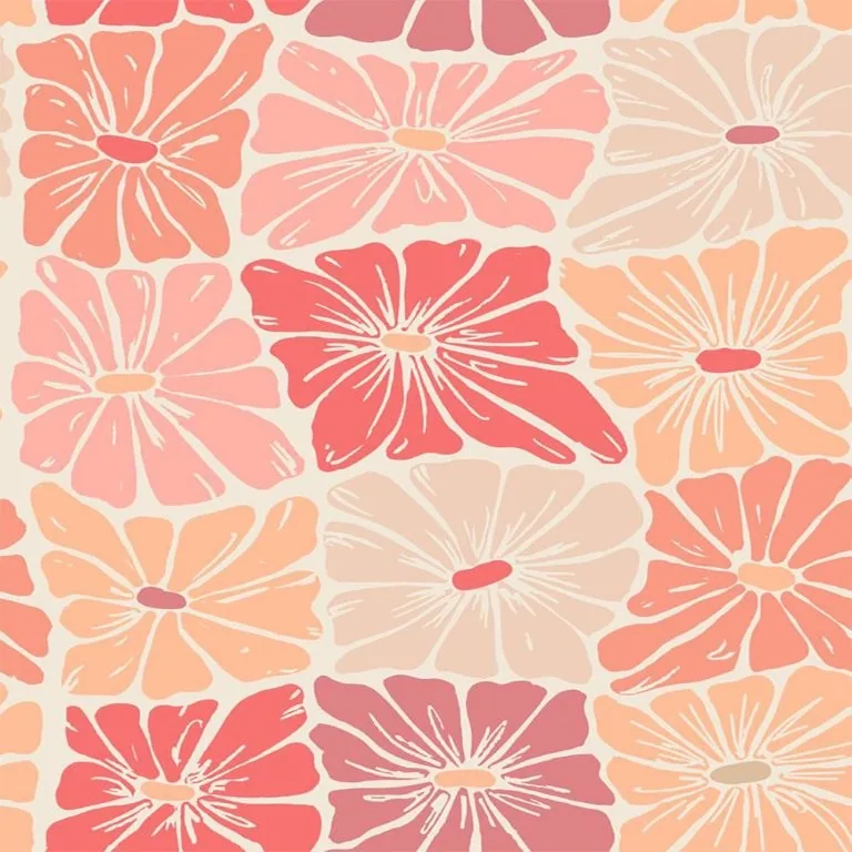 Repeating pattern of hand-drawn daisies in coral, peach, and cream with white line details on a light background.