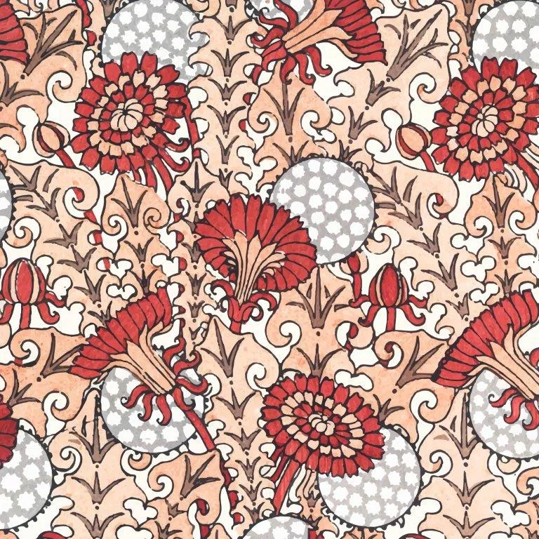 Red ornamental flowers with baroque scrollwork and gray polka-dot circles on peach background