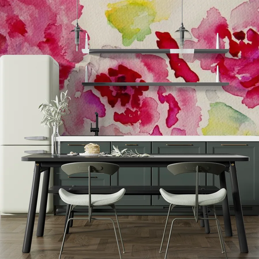 Watercolor floral mural with magenta, red, and yellow botanical blooms on cream background in modern kitchen.