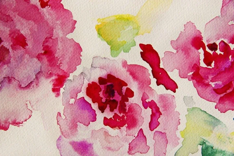 Watercolour painting of pink and red peonies with soft yellow and green accents on cream background
