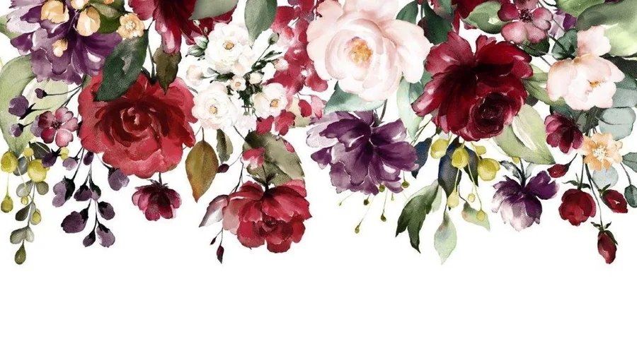 Watercolor floral wallpaper with burgundy roses, pink blooms, purple flowers and green leaves on white background