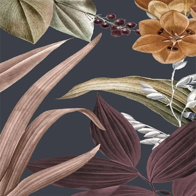 Botanical illustration with dried flowers, leaves, berries and seed pods in earth tones and burgundy on dark background