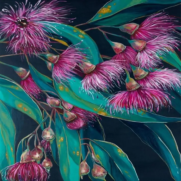 Magenta gum blossoms with flowing teal leaves and gold accents on dark background