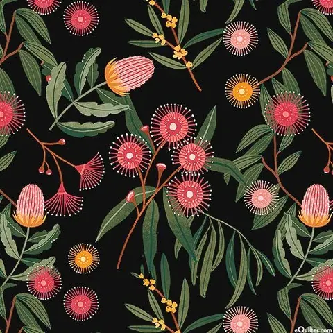Repeating botanical pattern with pink pom-pom flowers, green eucalyptus leaves, and small yellow blooms on black background.