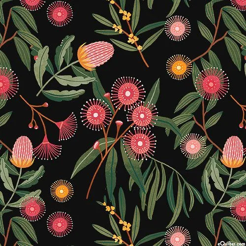 Repeating botanical pattern with pink pom-pom flowers, green eucalyptus leaves, and small yellow blooms on black background.