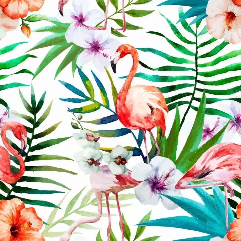 Watercolor tropical pattern with pink flamingos, green palm fronds, and purple and coral flowers on white background.