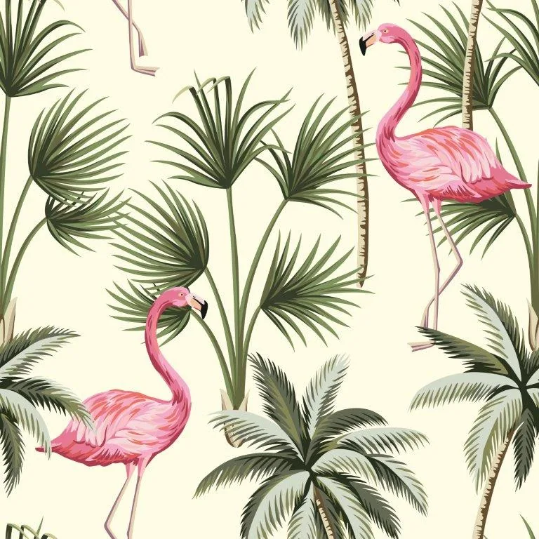 Pink flamingos among green palm fronds and tropical foliage on cream background