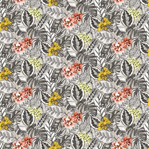 Repeating botanical wallpaper with coral flowers, yellow blooms, and detailed black leaves on grey background