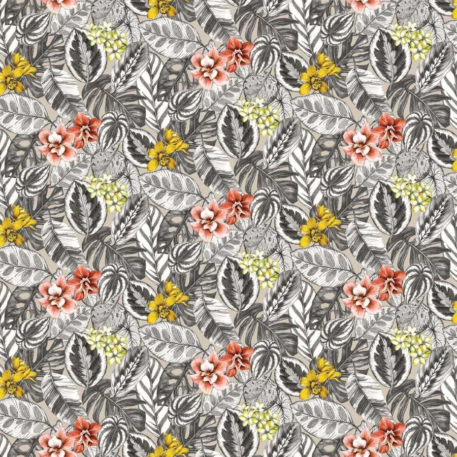 Repeating botanical wallpaper with coral flowers, yellow blooms, and detailed black leaves on grey background