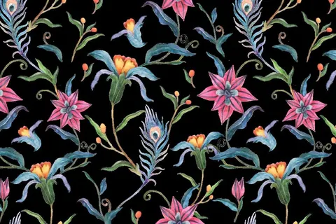 Repeating botanical pattern with pink flowers, blue feathers, and green stems on black background