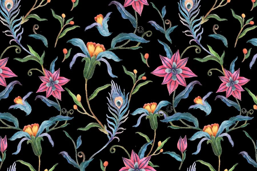 Repeating botanical pattern with pink flowers, blue feathers, and green stems on black background