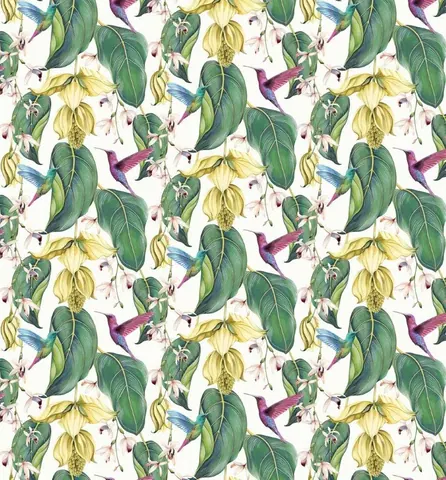Repeating pattern of yellow orchids, green foliage, and colorful hummingbirds on cream background