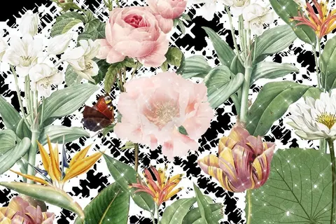Floral wallpaper with pink roses, white blooms, green foliage, and black abstract ink marks on white background.