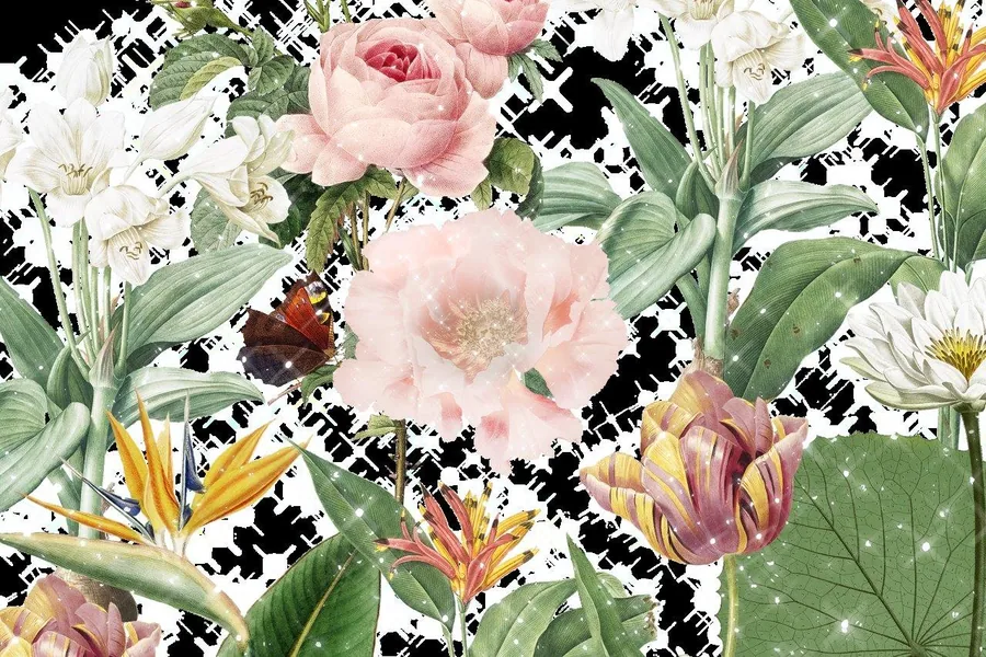 Floral wallpaper with pink roses, white blooms, green foliage, and black abstract ink marks on white background.