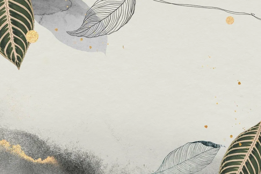 Cream wallpaper with hand-drawn botanical leaves, gray watercolor washes, and scattered gold dots and textures