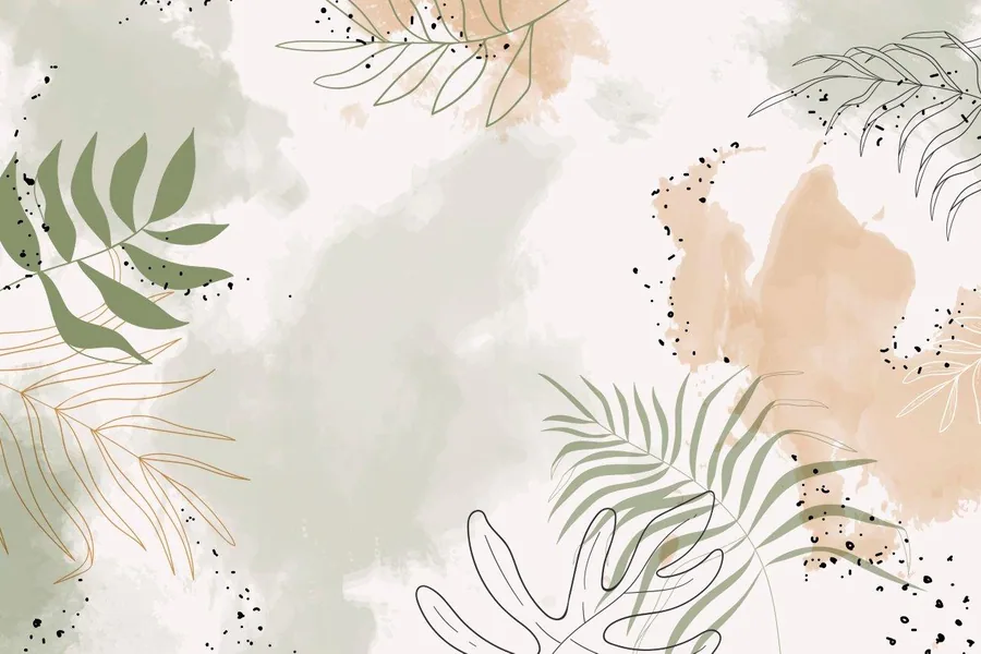 Minimalist botanical mural with watercolour leaves, line drawings, and black speckles on cream and sage background.