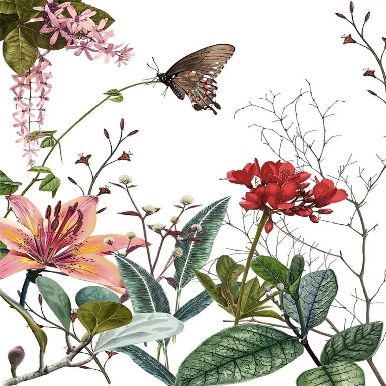 Botanical wallpaper mural with pink and red flowers, green foliage, and a brown butterfly on white background.