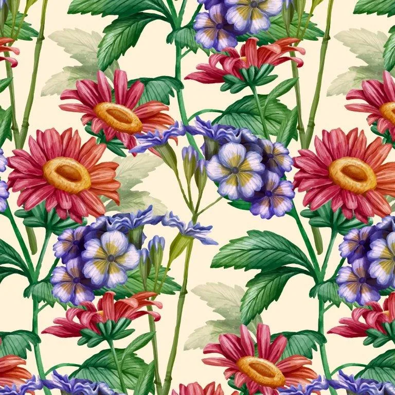 Repeating pattern of red gerbera daisies with yellow centers and purple primrose flowers with green stems on cream background