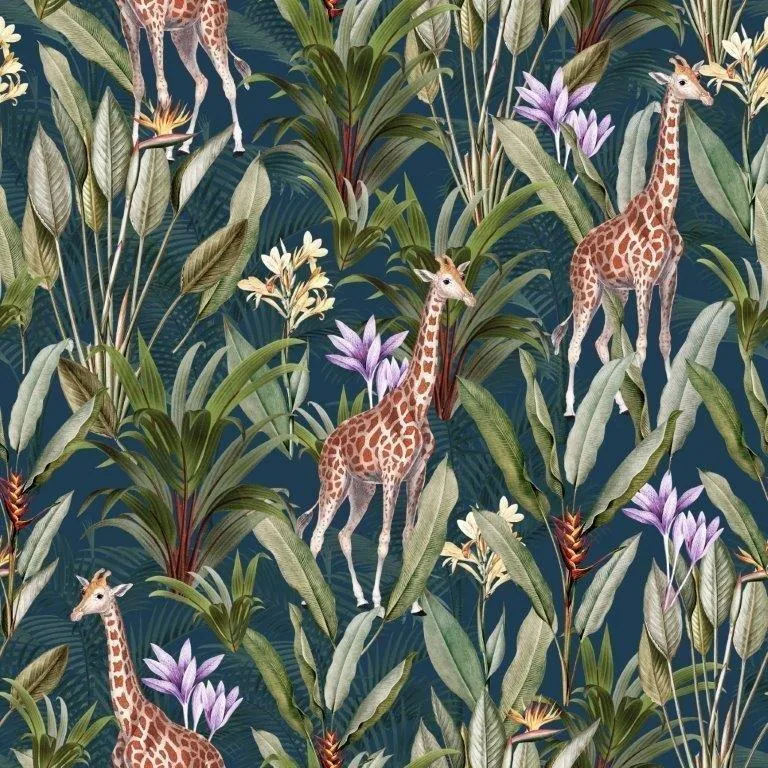 Repeating pattern of giraffes surrounded by green foliage, purple flowers, and tropical plants on a dark blue background.