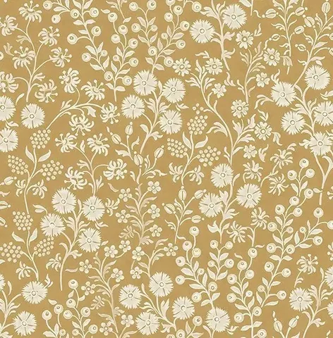 Repeating floral pattern with cream daisies, small clustered flowers and vine leaves on golden tan background