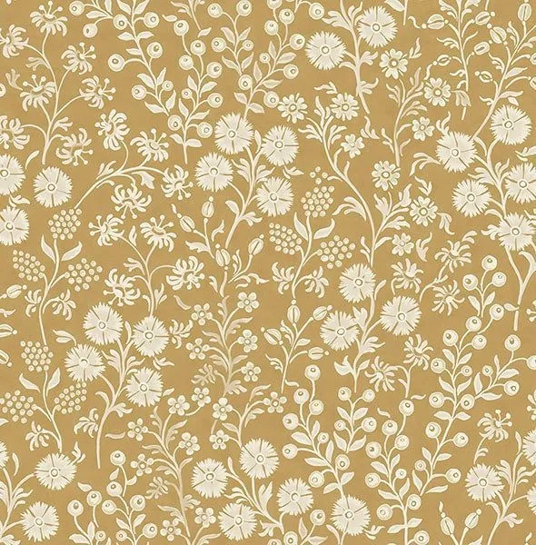 Repeating floral pattern with cream daisies, small clustered flowers and vine leaves on golden tan background