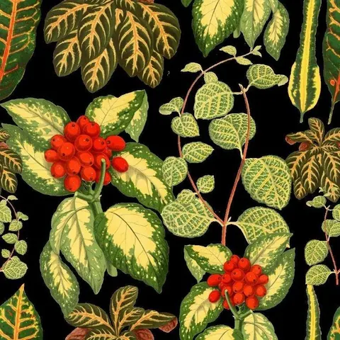 Repeating botanical pattern with red rowan berries, green and yellow variegated leaves on black background