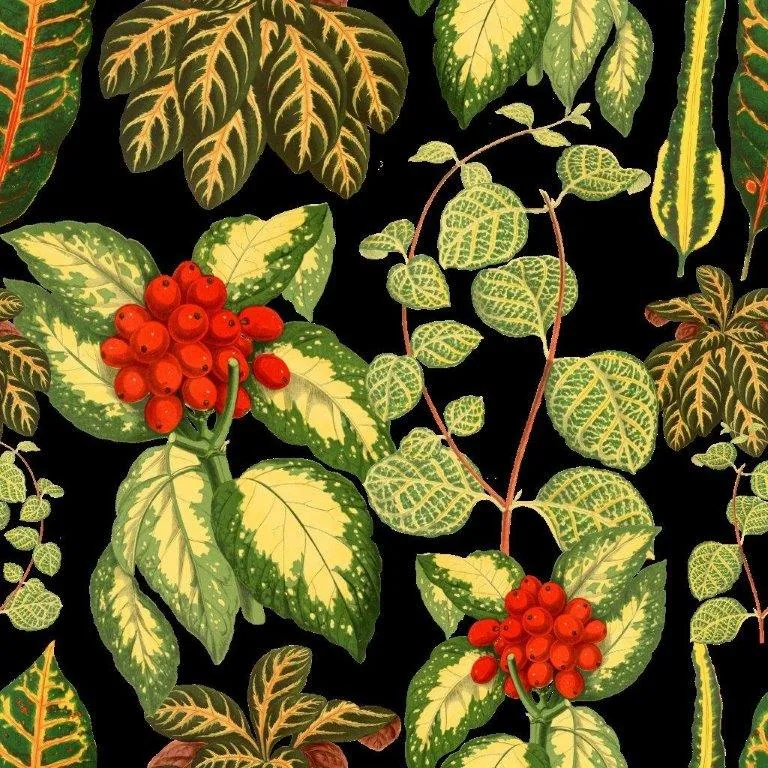 Repeating botanical pattern with red rowan berries, green and yellow variegated leaves on black background