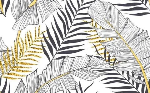 Line-drawn botanical leaves in black and gold on white background, featuring palm fronds and ferns in repeating pattern.