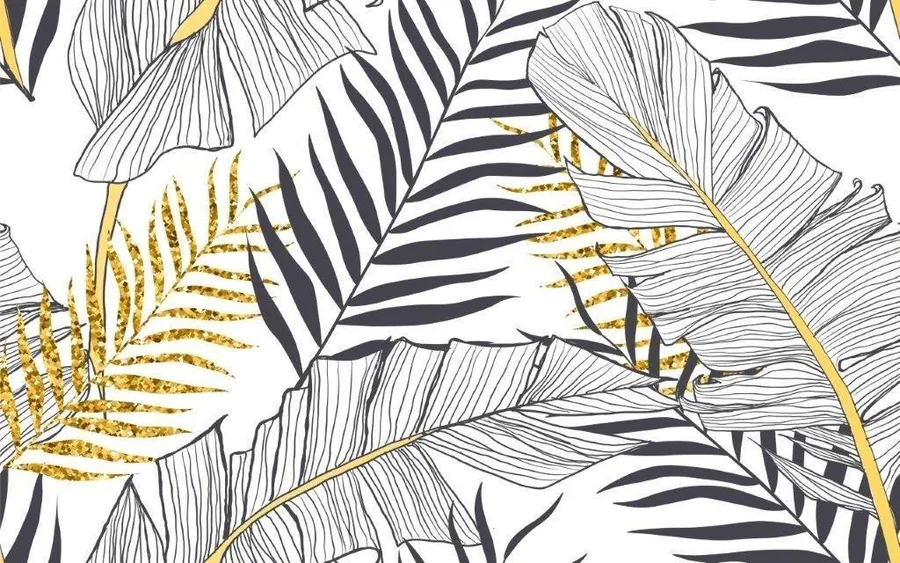 Line-drawn botanical leaves in black and gold on white background, featuring palm fronds and ferns in repeating pattern.