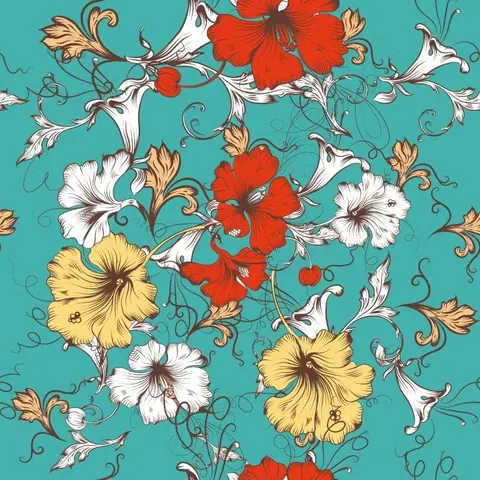 Colorful hand-drawn hibiscus flowers with ornate vine scrolls on turquoise background