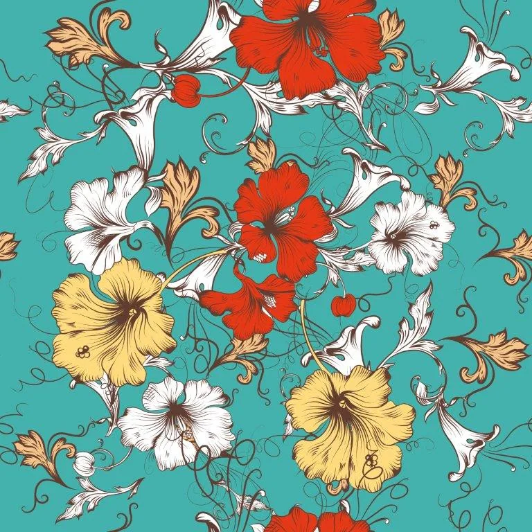 Colorful hand-drawn hibiscus flowers with ornate vine scrolls on turquoise background