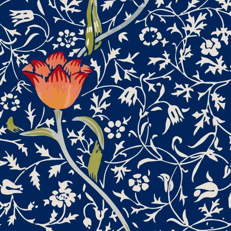Red and orange tulip with green stem on dark blue background with cream botanical leaves and small flowers.
