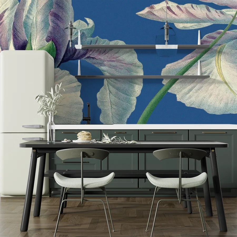 Large-scale iris flower mural with purple petals and green stems on deep blue background in modern kitchen setting