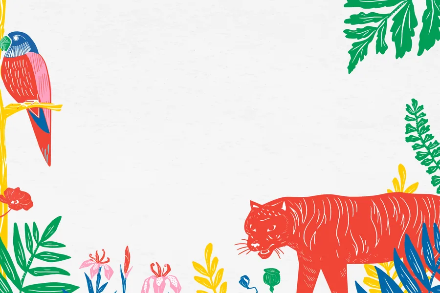 Colourful jungle scene with red cat, blue parrot, and tropical plants in primary colours.