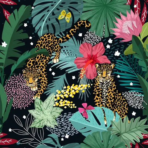 Illustrated jungle scene with spotted leopards, pink and red flowers, tropical leaves, and a yellow butterfly on dark background