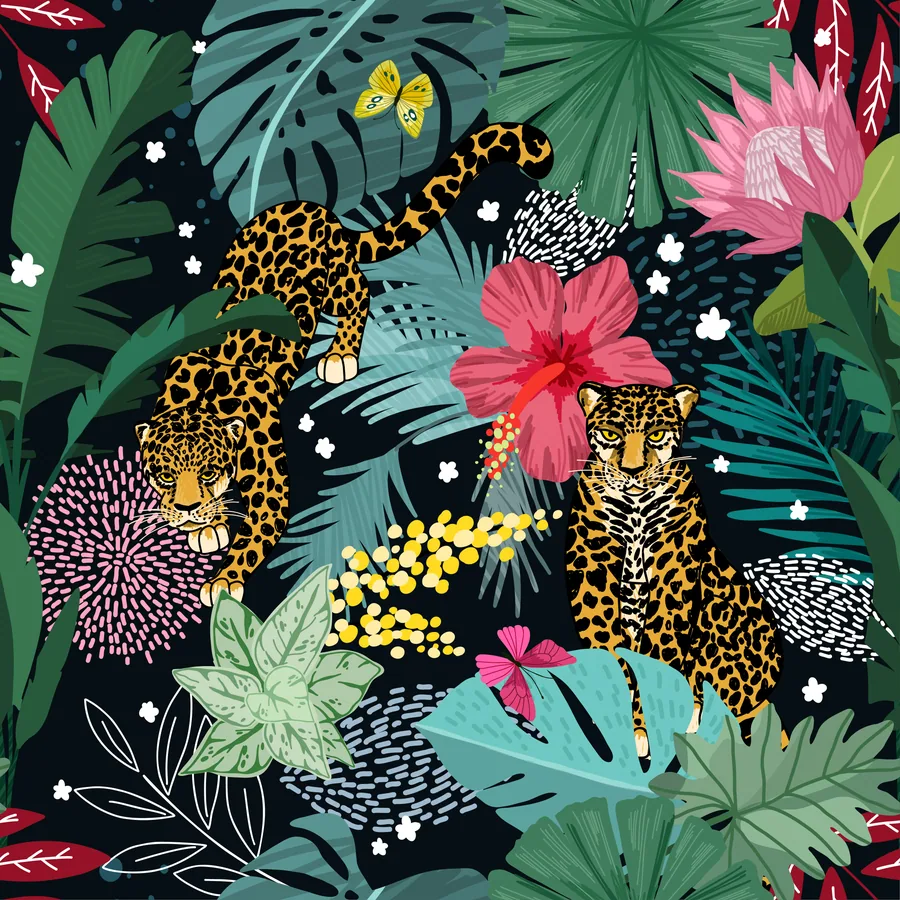 Illustrated jungle scene with spotted leopards, pink and red flowers, tropical leaves, and a yellow butterfly on dark background