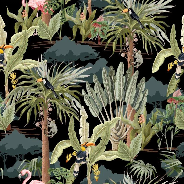 Tropical jungle wallpaper with toucans, pink flamingos, and palm fronds on black background with misty mountains.