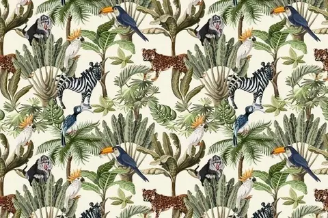 Repeating pattern of jungle animals including zebras and leopards among tropical plants, palm leaves, and exotic birds on cream background.
