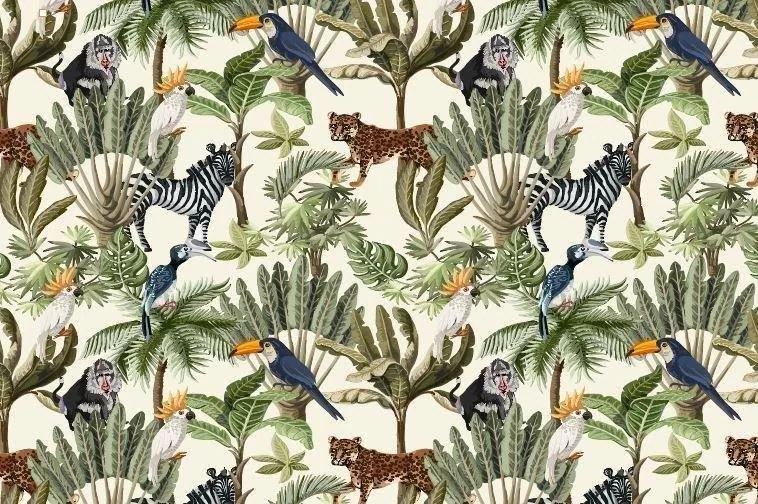 Repeating pattern of jungle animals including zebras and leopards among tropical plants, palm leaves, and exotic birds on cream background.