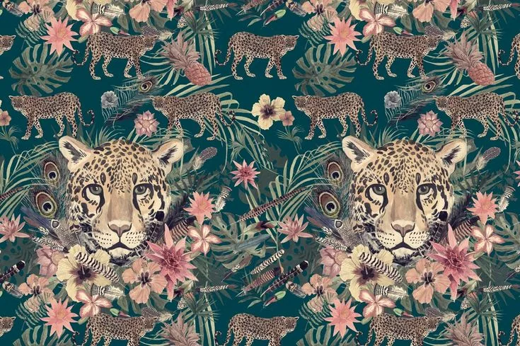 Repeating pattern of leopards and tropical animals among pink flowers, green leaves, and peacock feathers on teal background.