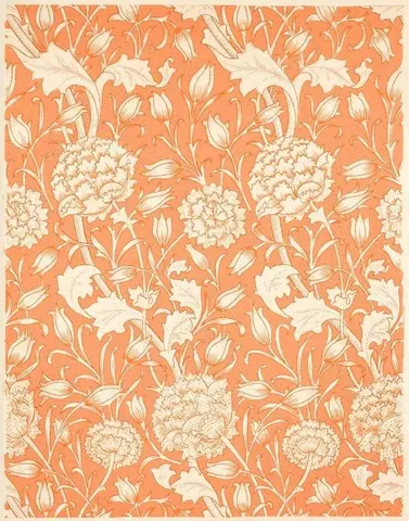 Orange wallpaper with cream and white floral botanical pattern of peonies, tulips, and flowing leaves
