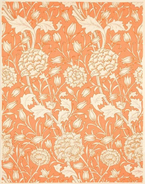 Orange wallpaper with cream and white floral botanical pattern of peonies, tulips, and flowing leaves