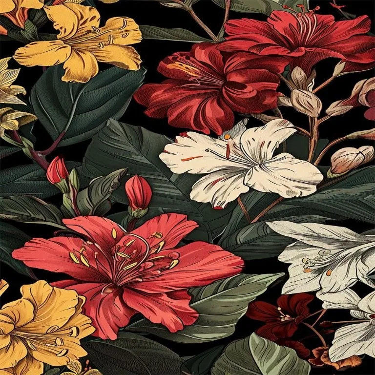 Dark botanical wallpaper with red, yellow, and white flowers on black background with green foliage