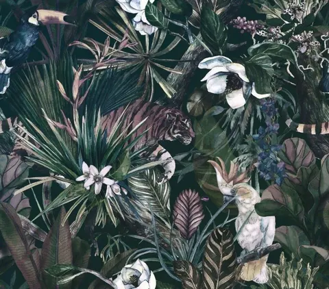 Dark botanical pattern with white flowers, green palm fronds, purple accents, and wildlife among layered tropical foliage.