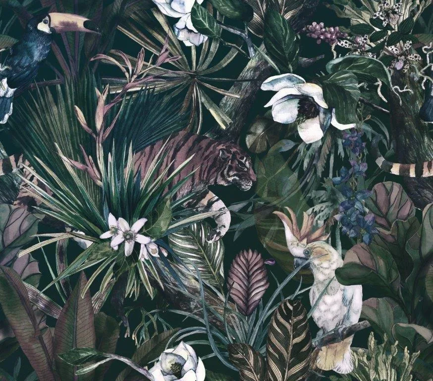 Dark botanical pattern with white flowers, green palm fronds, purple accents, and wildlife among layered tropical foliage.