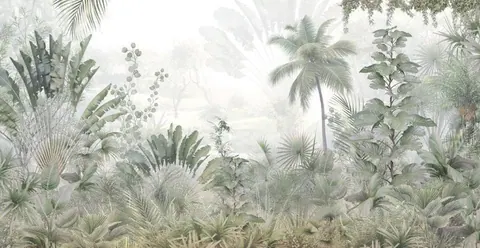 Misty tropical jungle with layered palm trees, ferns, and lush botanical foliage in soft green and cream tones
