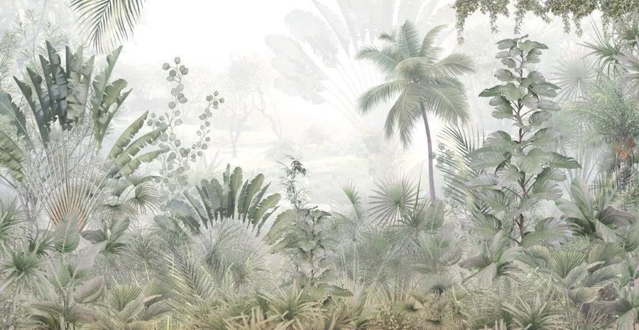 Misty tropical jungle with layered palm trees, ferns, and lush botanical foliage in soft green and cream tones